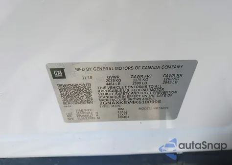 2019 Chevrolet Equinox Lt z USA, uszkodzony, nr VIN 2GNAXKEV4K6180908